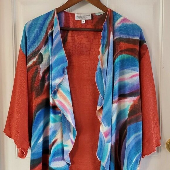 Yolanda Lorente Hand Painted 100% Silk Open Cardigan Jacket Flutter Sleeves S - Picture 1 of 7